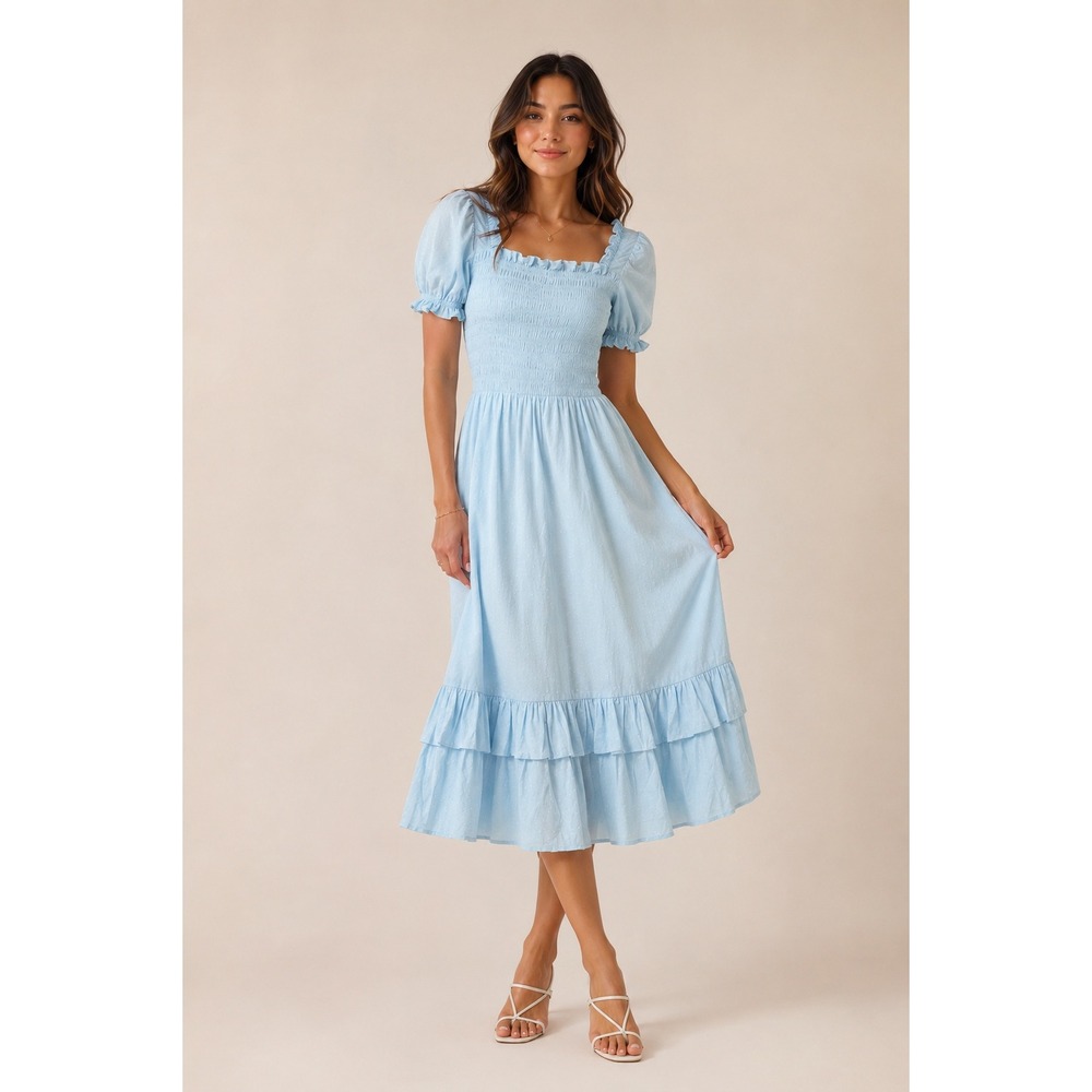 Y2K Coastal Cowgirl Milkmaid Midi Dress Coquette Storybook Princess Blue Size S